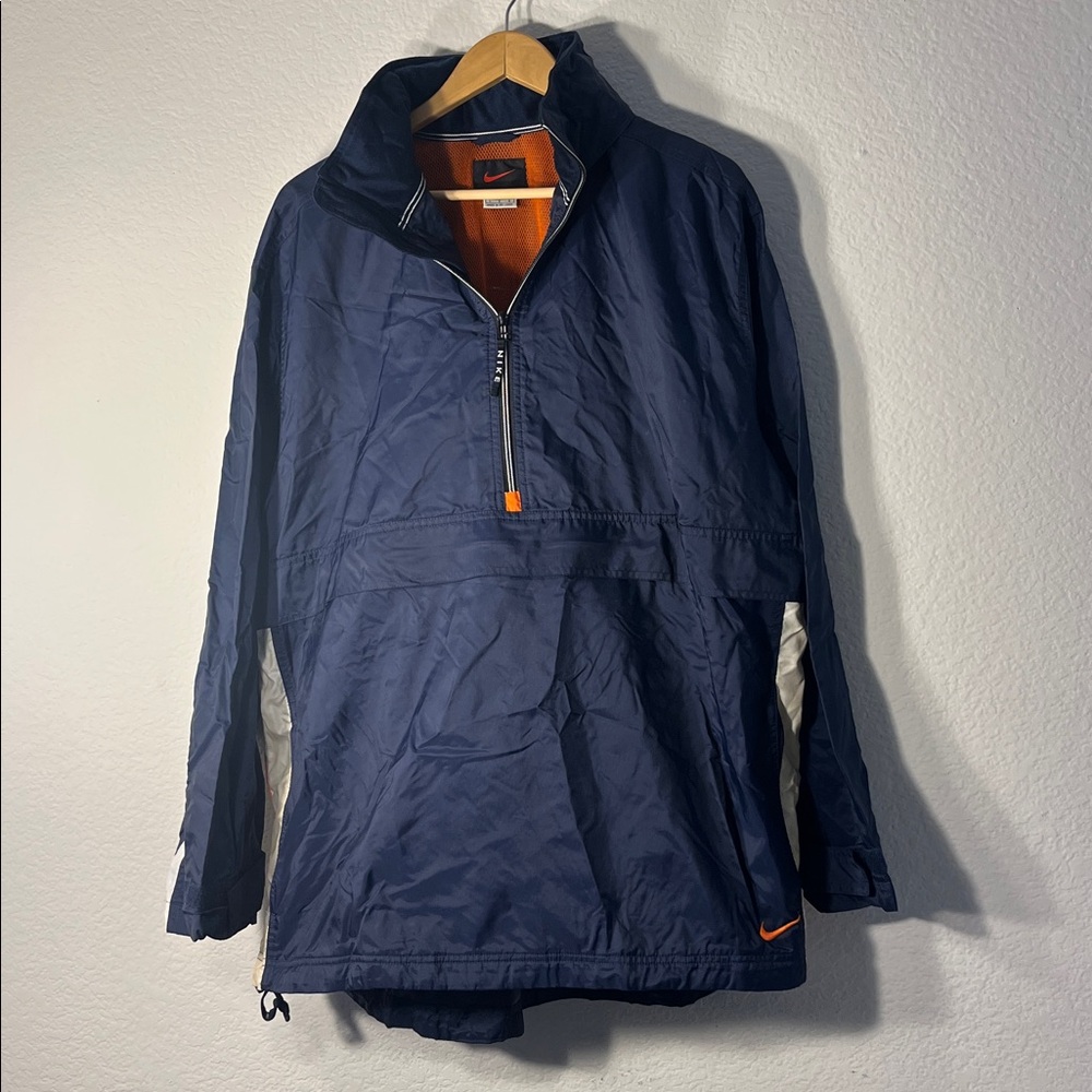 Y2K Nike Jacket Dark Blue Half-Zip with Orange Details Packable hood